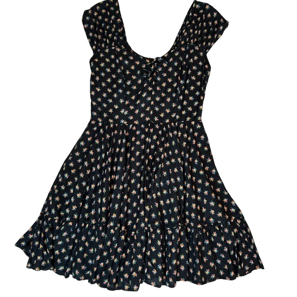 Vintage 90s Mica Black Floral Milkmaid Dress - Size Large - 100% Rayon